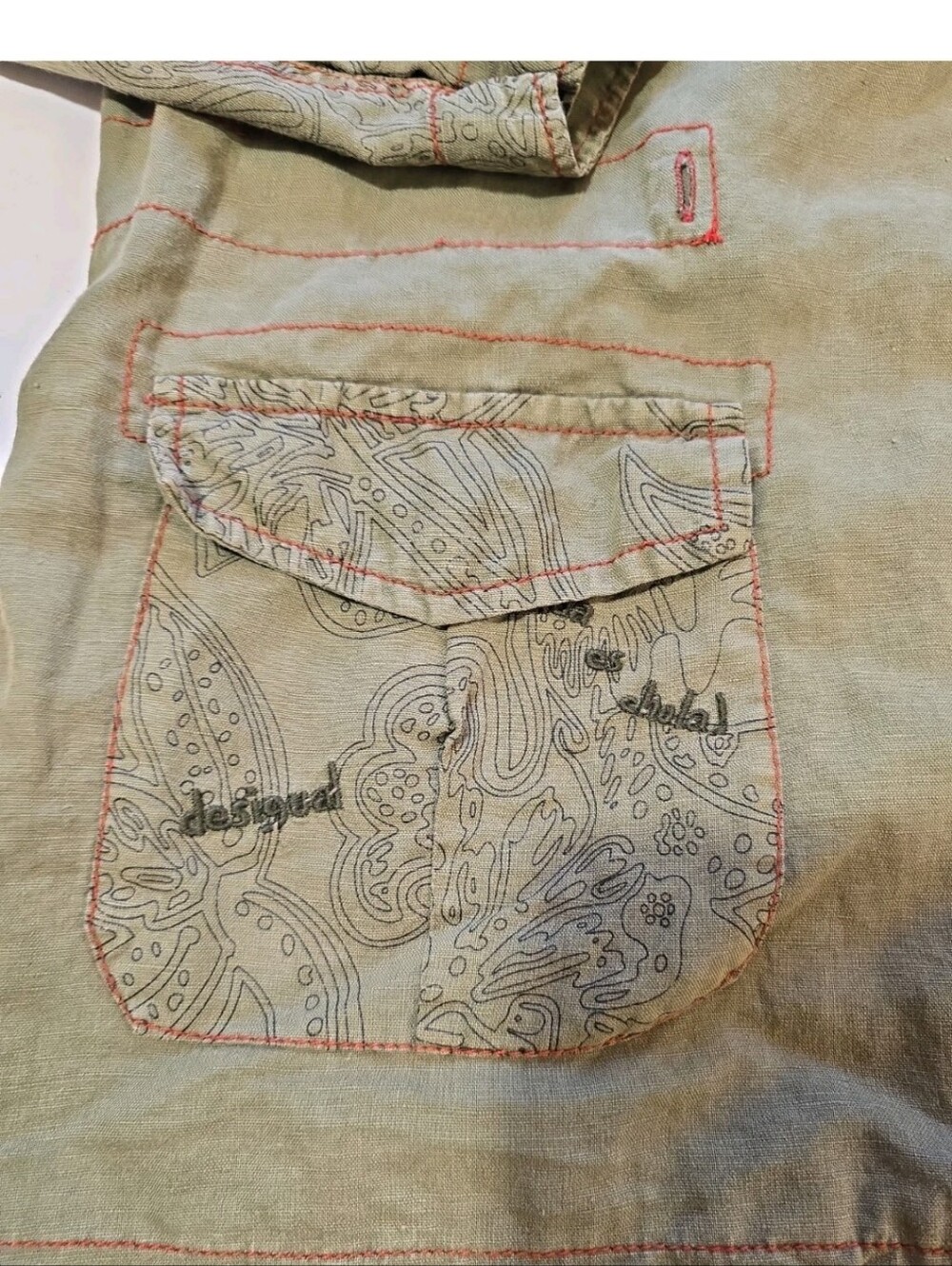 Desigual Womens Army Green Hooded Jacket with Floral Embroidered Patches Size 46 - Picture 6 of 13